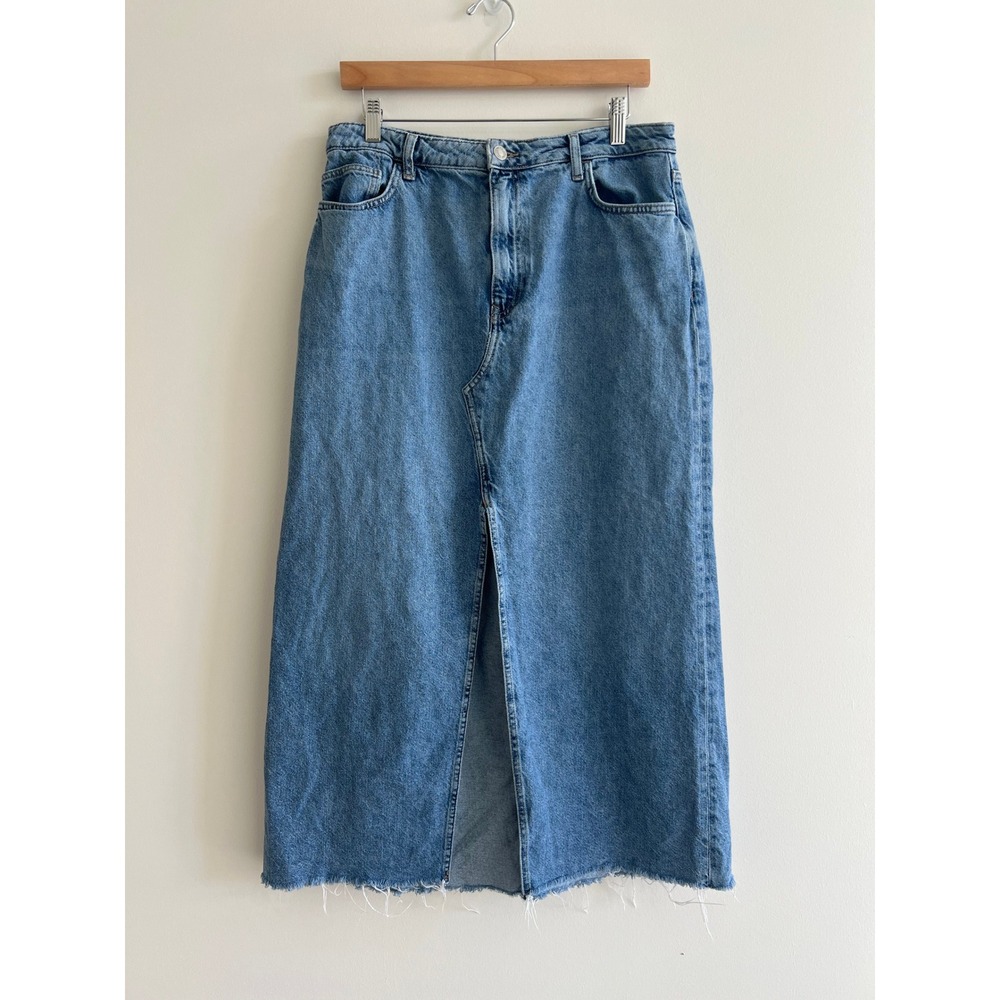 Denim Midi Skirt Light‎ Wash Front Slit Raw Hem High Waist Sz 10 Cotton 90s Boho